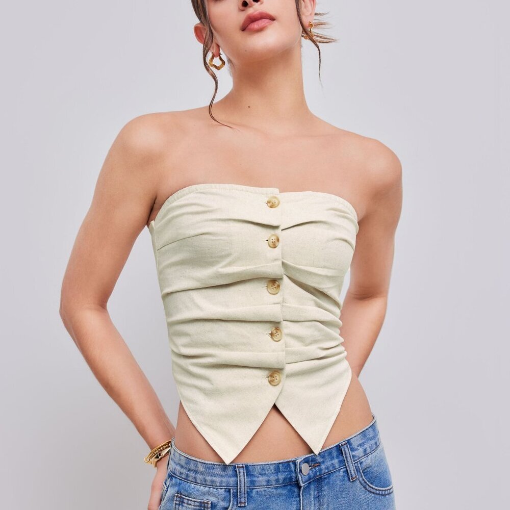 Cider Linen-blend Solid Shirred Button Ruched Tube Top Large Cream Suit Natural